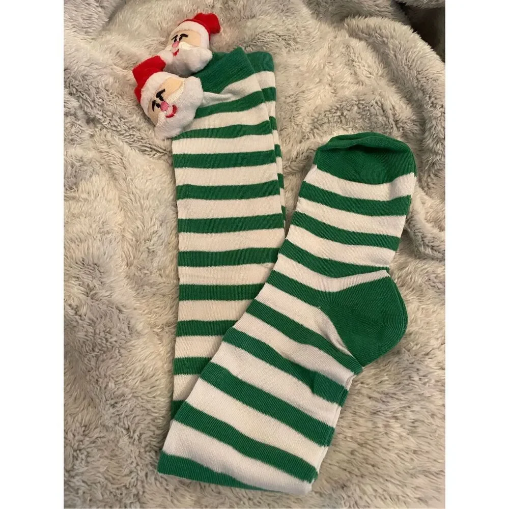 1 PAIR LEFT!! Women's Holiday Green & White Striped Santa Over The Knee Sock